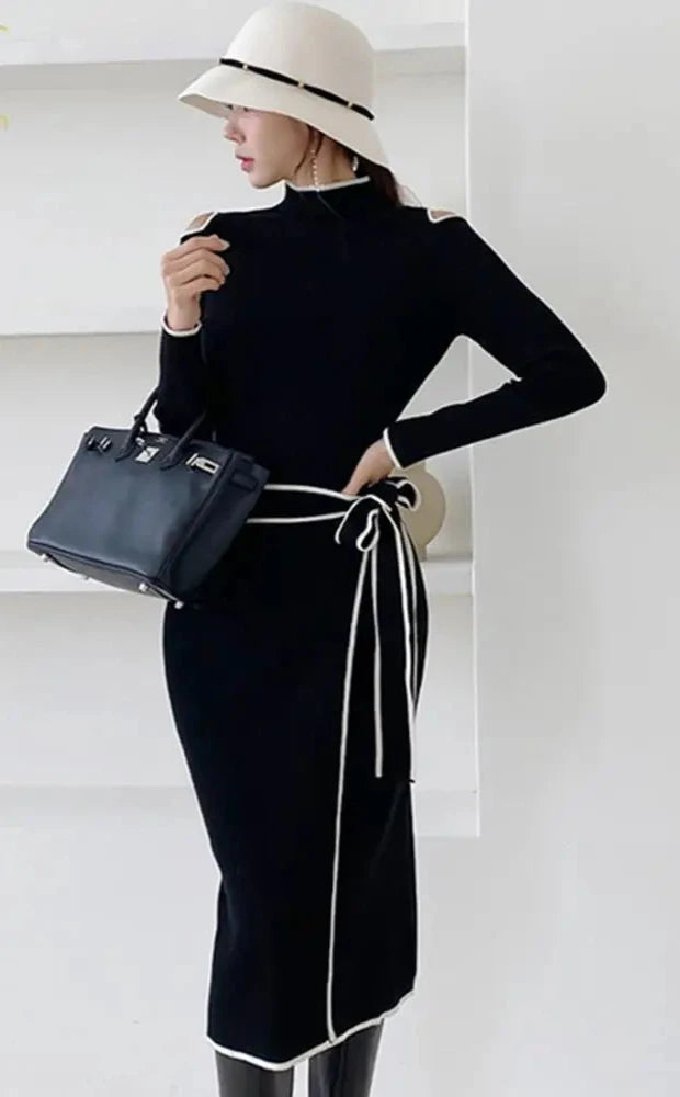 Autumn Elegant OL Lace up Strapless Elastic Knit Pullover Sweater Long Dress Black Sheath Pencil Knitted Dresses