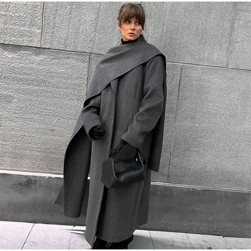 2024 Brown Scarf Collar Wool Overcoat with Belt