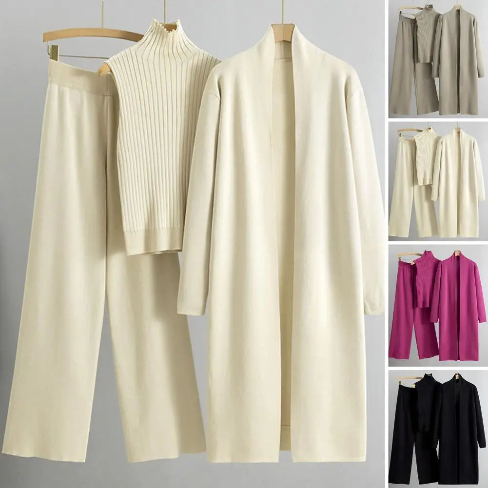 Elastic Waist Wide-leg Pants Suit Stylish Knitted Women's 3-piece Set Sleeveless Top Mid Length Cardigan Coat for Fall/winter