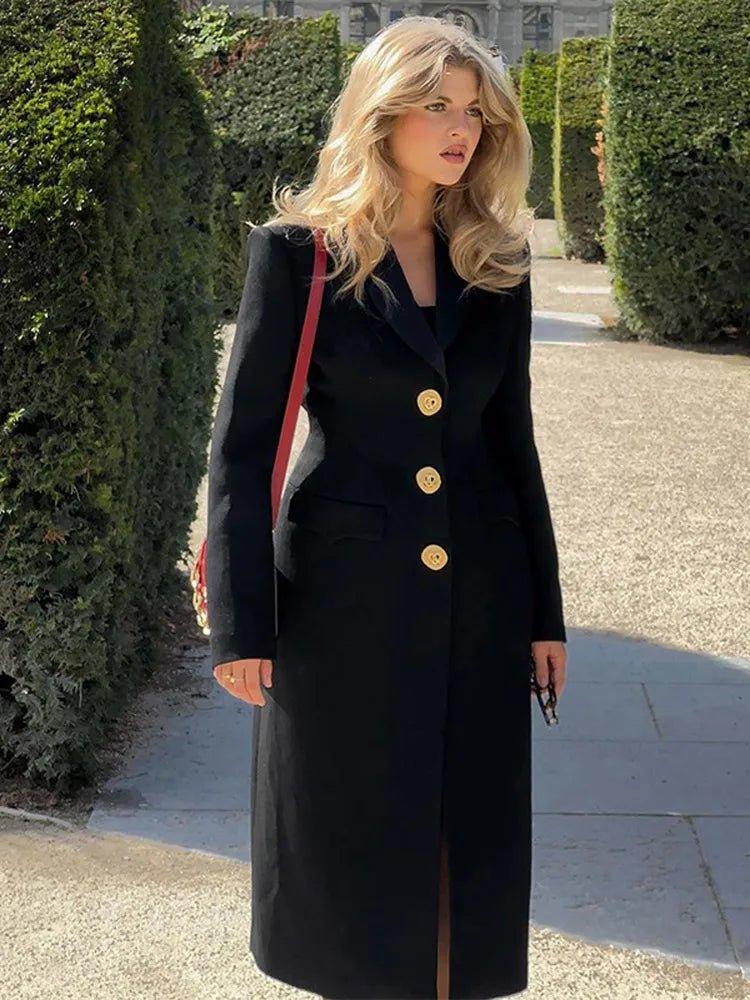 2024 Black Woolen Overcoat with Golden Button Accents - Trendy Mix