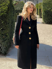 2024 Black Woolen Overcoat with Golden Button Accents