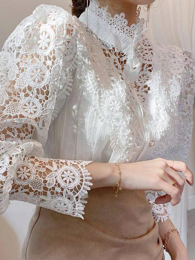 Chic Lace Collar Puff Sleeve Blouse - Trendy Mix