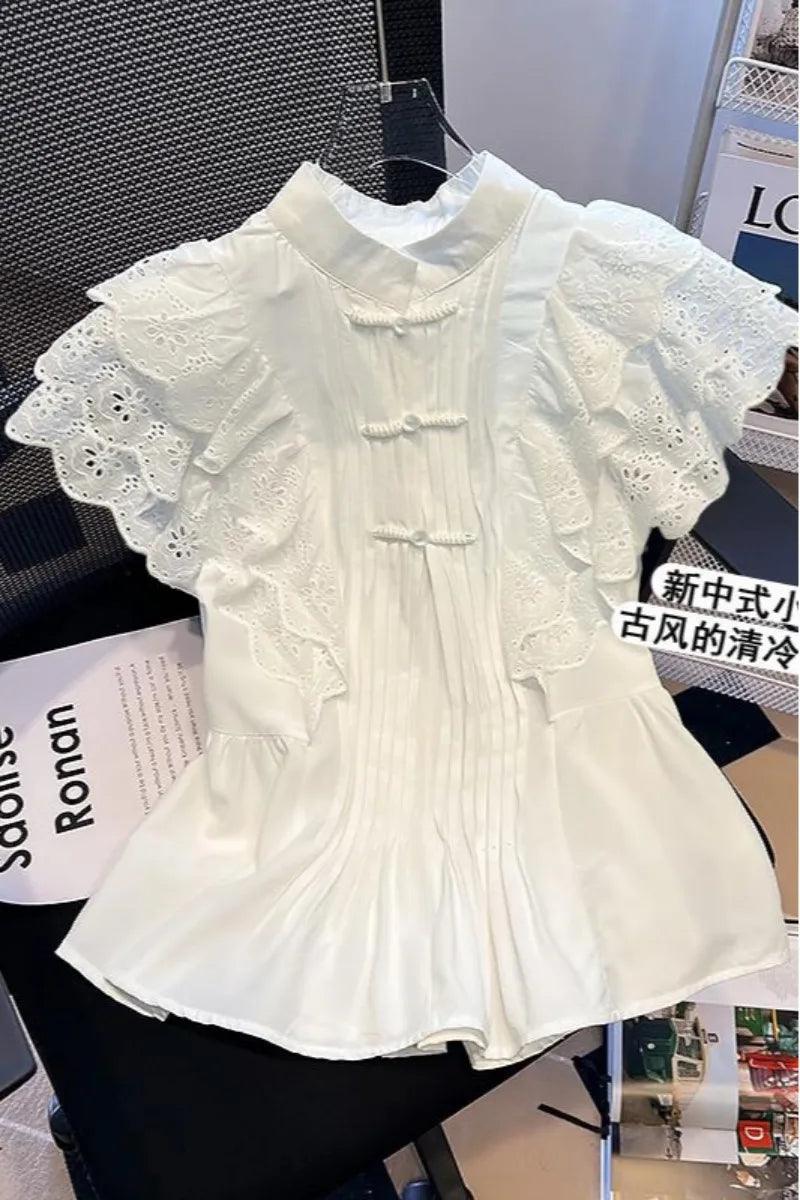 2024 Elegant White Lace Flying Sleeve - Trendy Mix