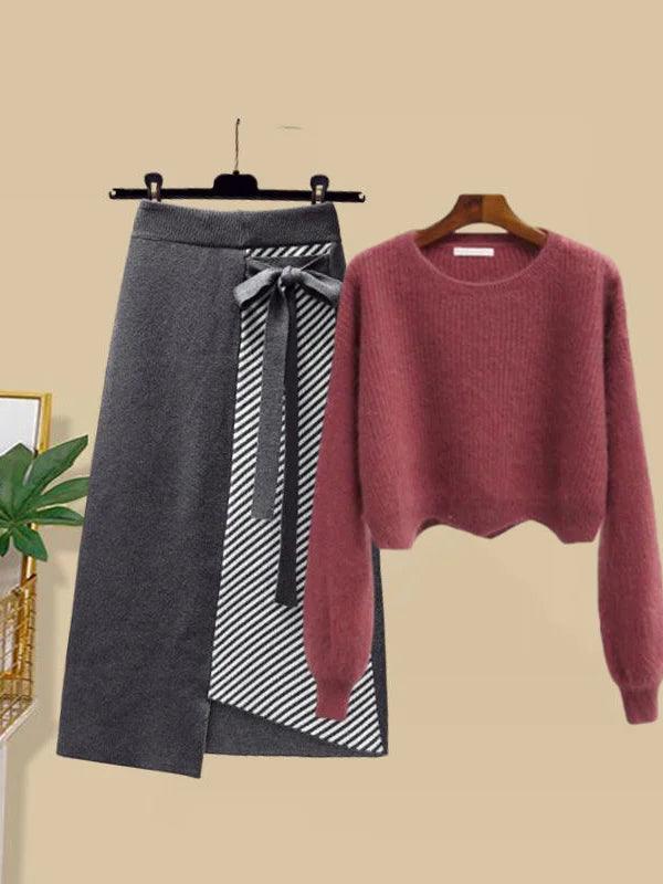 Women Autumn Winter Warm Knitted Two Pieces Sets Korean Long Sleeve Pullover Sweater Top And High Waist Skirts Sets