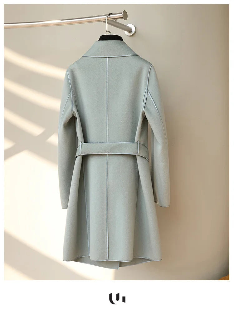 2024 Winter New Wool Coats For Women Lapel Long Sleeves Belt Coats Office Lady Fashion