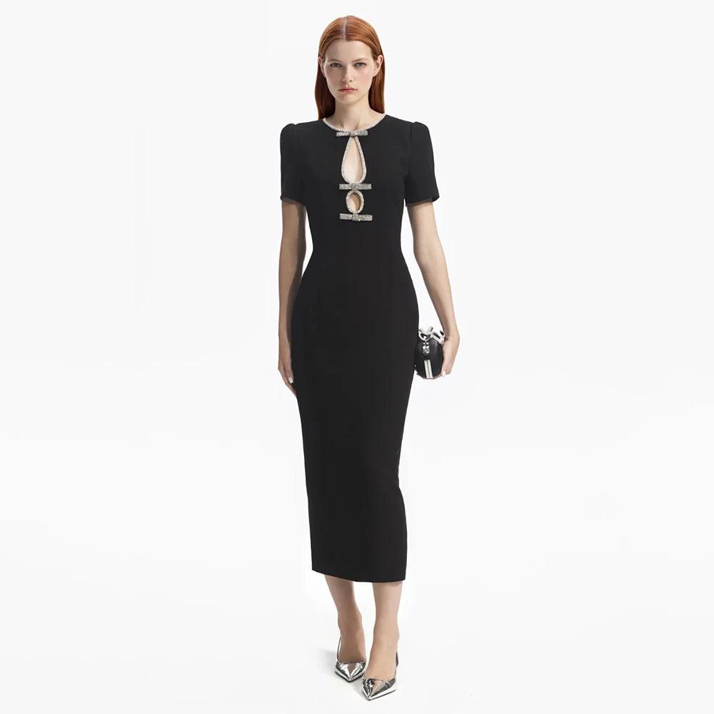 2024 Women’s Black Hollow Diamond Bandage Midi Dress - Trendy Mix