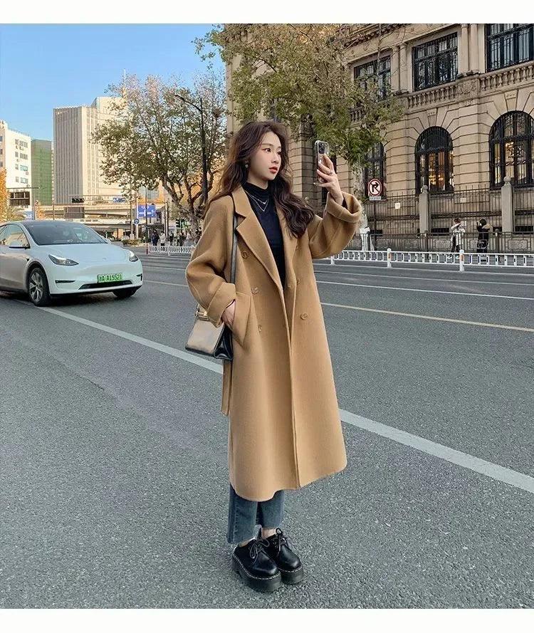 Elegant Comfort: 2024 Korean Loose-Fit Belted Wool Overcoat