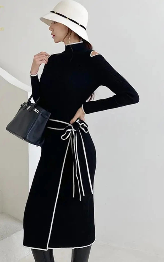 Autumn Elegant OL Lace up Strapless Elastic Knit Pullover Sweater Long Dress Black Sheath Pencil Knitted Dresses