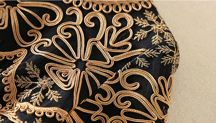 Designer Fashion 2024 Spring Summer Dress Women 3/4 Sleeve 3D Gold Flower Embroidery Elegant Midi Party