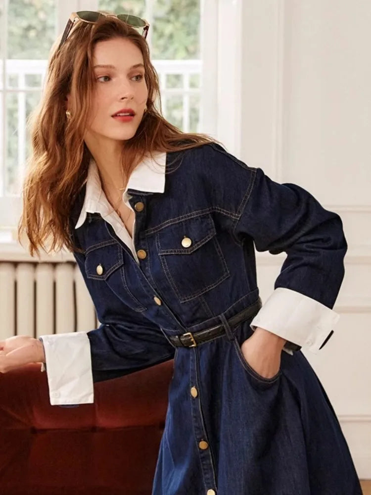 French Retro Blue Denim Lapel Dress