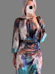 Elegant Tie Dye Print Pleated Dress For Women Long Lantern Sleeve Half High Collar Female Dresses 2024 Spring Summer  Lady Robe