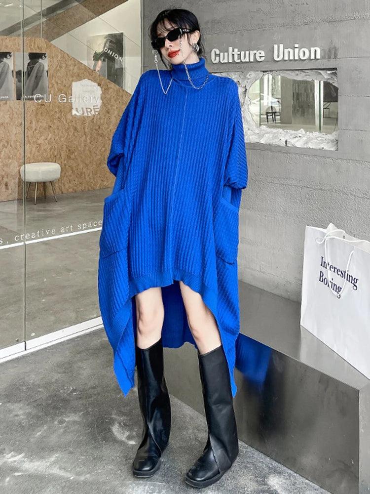 Blue Irregular Turtleneck Knitted Sweater - Trendy Mix