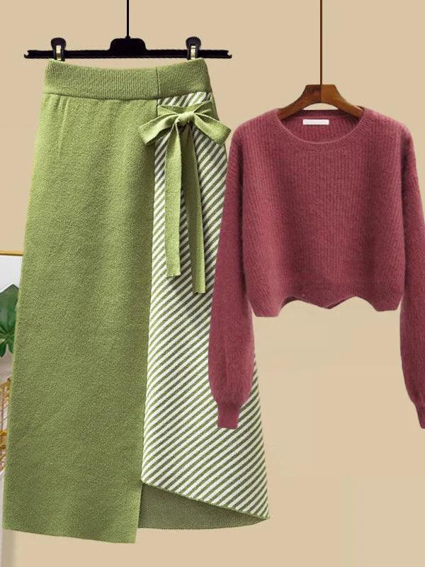 Women Autumn Winter Warm Knitted Two Pieces Sets Korean Long Sleeve Pullover Sweater Top And High Waist Skirts Sets