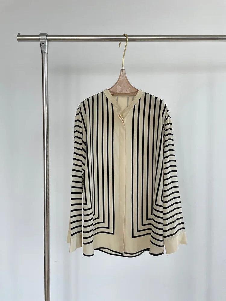 Early Autumn 2024 New Stripe Printing Silk Loose Shirt - Trendy Mix