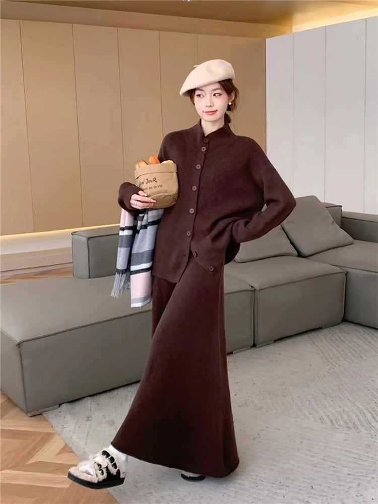 2024 Oversized Knitted Sets 2 Pieces Korean Fashion Cardigans With Long Skirts Spring Autumn Women Suits