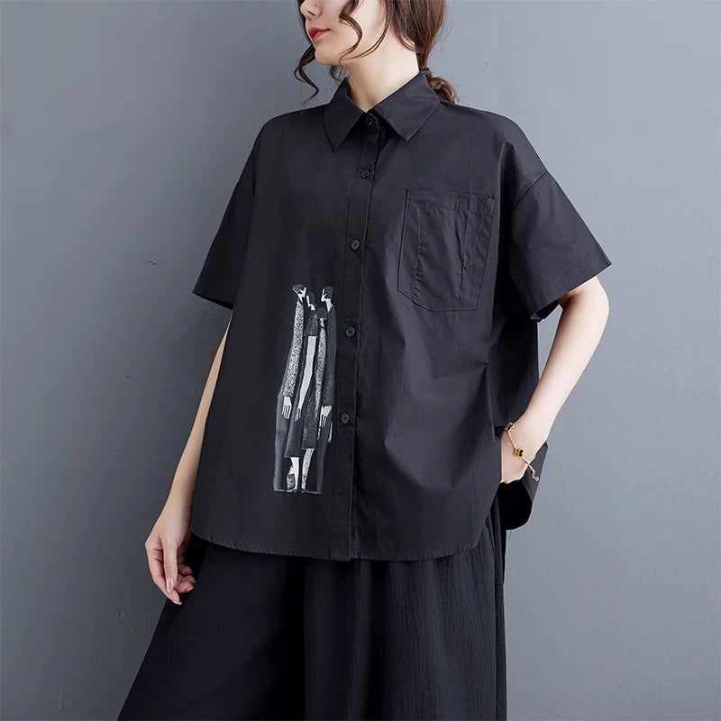 Print Fashion Loose Fit Short-Sleeve New Summer Woman Black Shirt Korean Style Girls Casual Wear Oversized Large Blouse