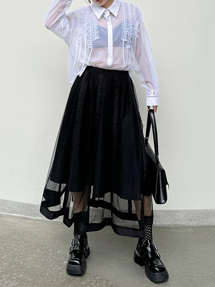 2024 Summer New Japanese Woman Skirts Female A-line Skirt Elastic Waist Solid Big Hem Patchwork Mesh Long Skirt