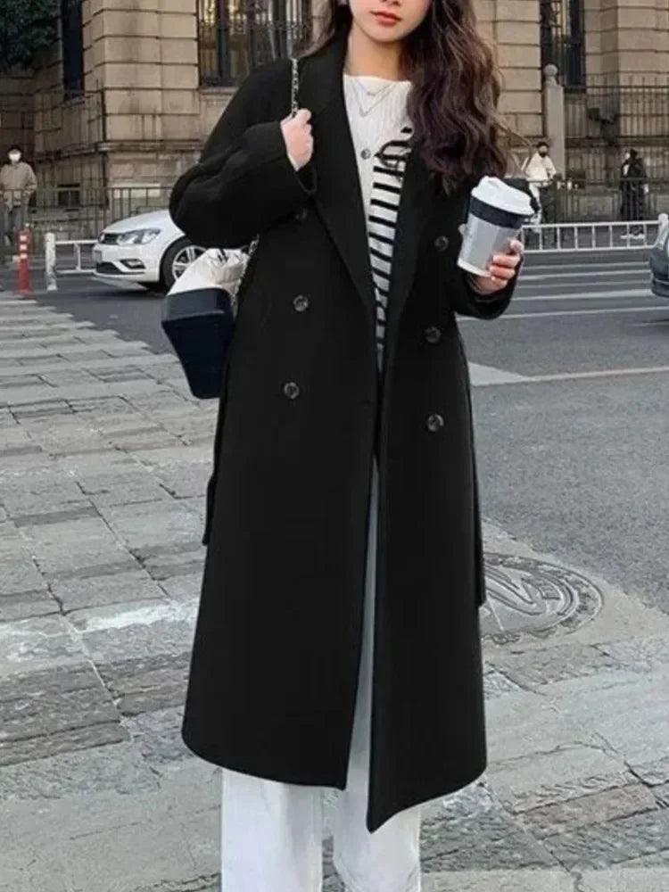 Elegant Comfort: 2024 Korean Loose-Fit Belted Wool Overcoat