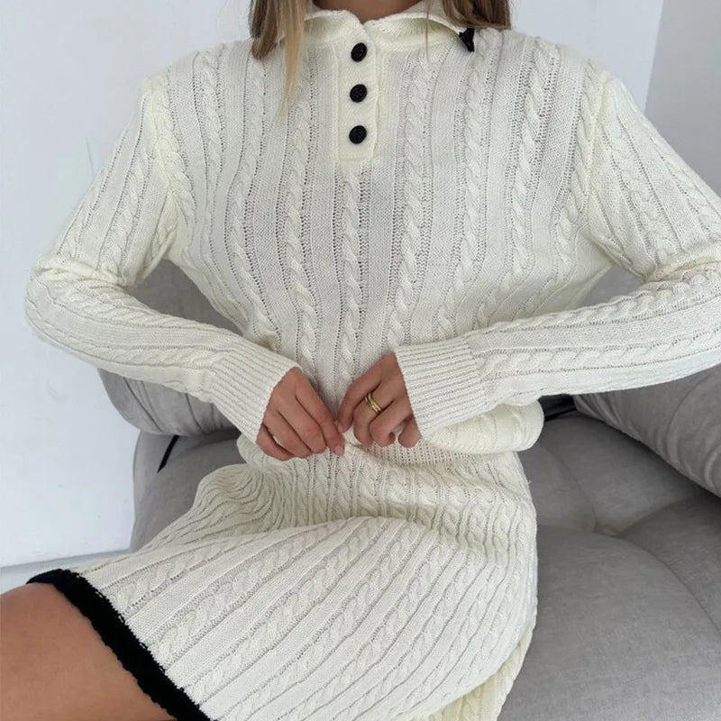 Women Soft Knitting Skirt Sets Solid Turn Down Collar Long Sleeve Pullover Sweater+High Waist A-Line Half Skirt 2pcs Autumn Set