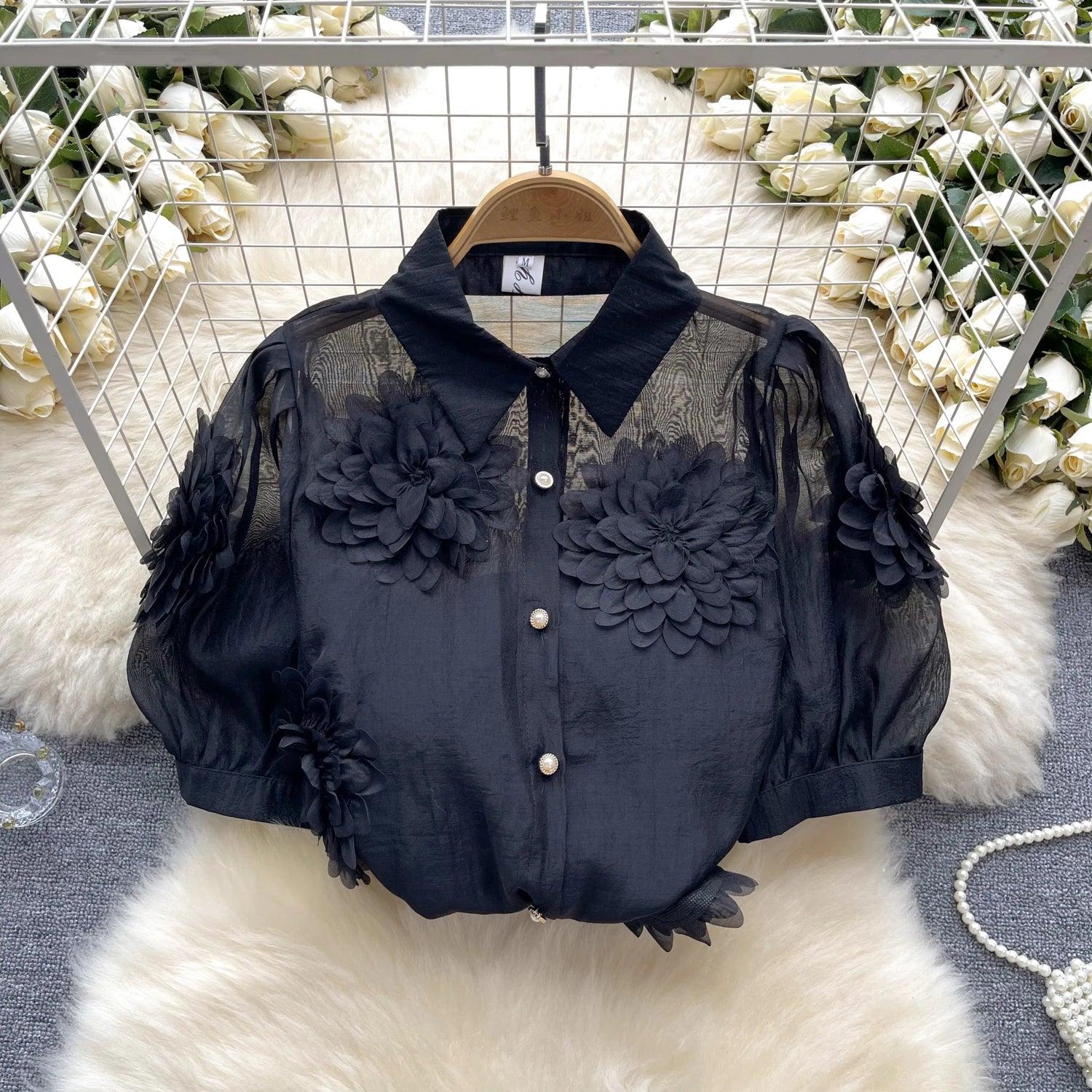 2024 French Chic 3D Flower Blouse - Trendy Mix