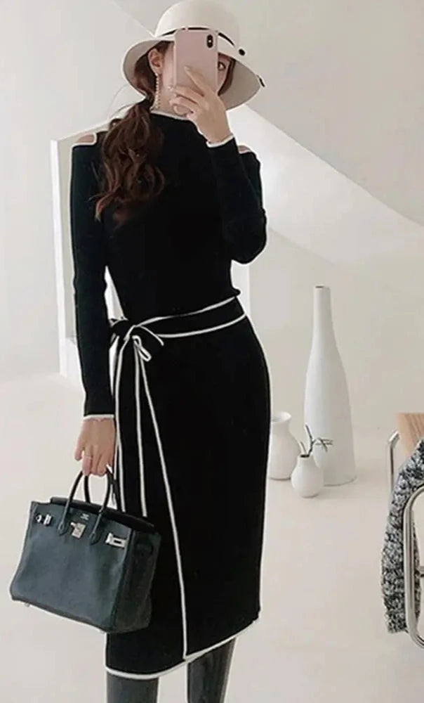 Autumn Elegant OL Lace up Strapless Elastic Knit Pullover Sweater Long Dress Black Sheath Pencil Knitted Dresses