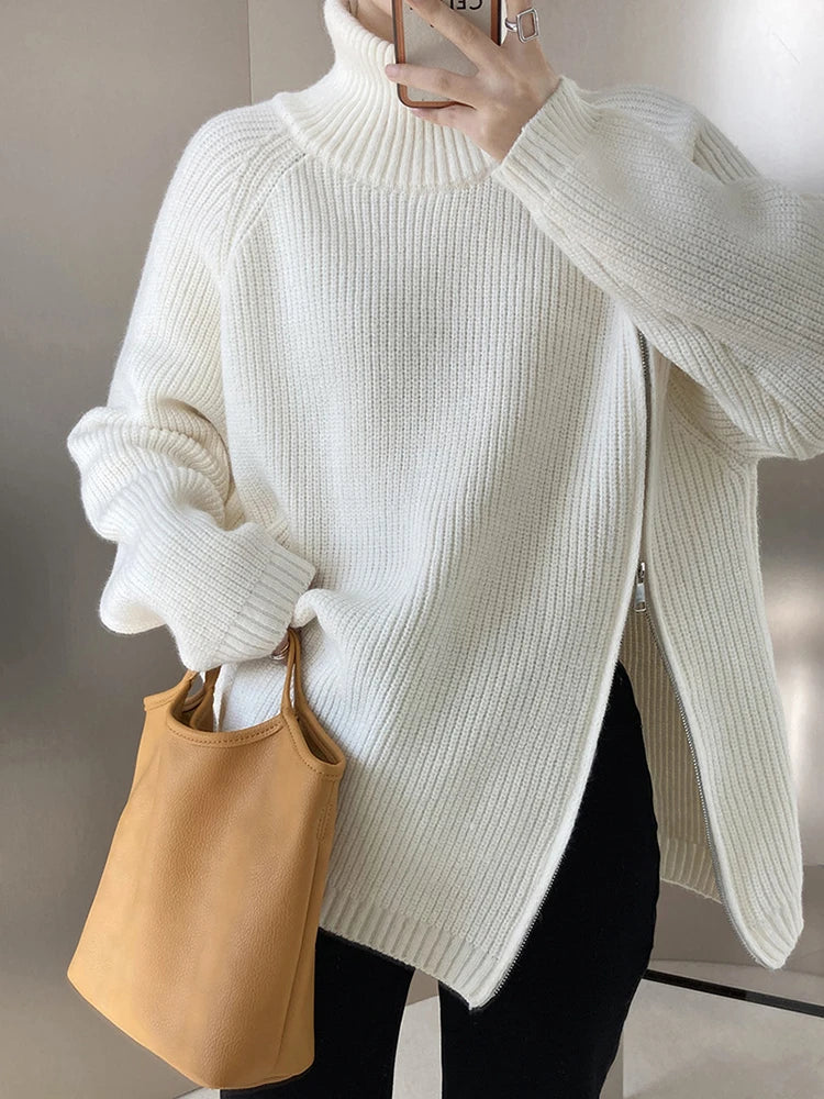 Women Knitted Sweater Turtleneck Solid Color Zipper Style Female Fashion Outwear Warm Clothes 2024 Autumn Winter