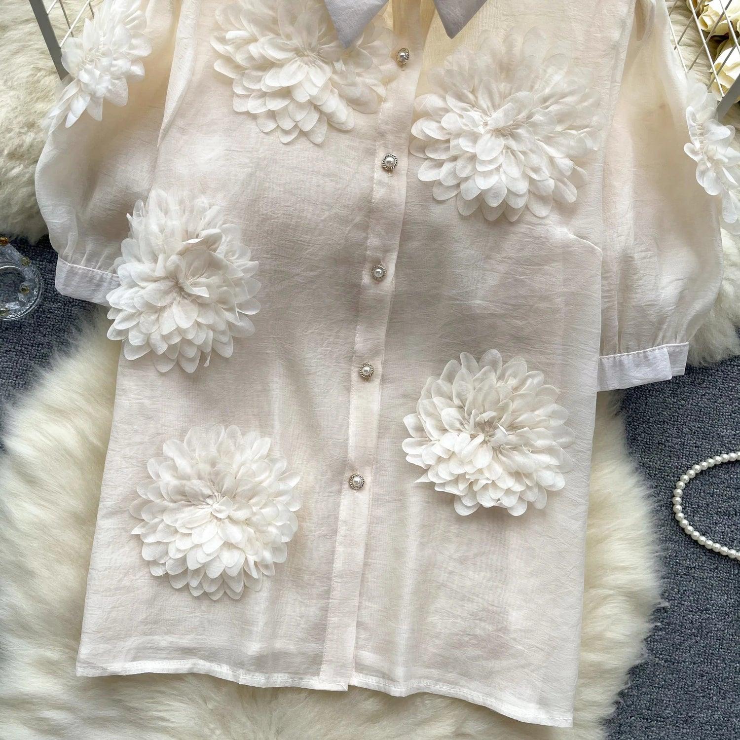 2024 French Chic 3D Flower Blouse - Trendy Mix