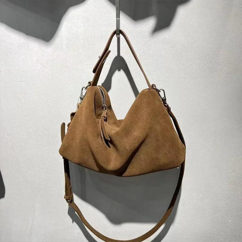 High-End Frosted Cowhide Winter Tote – Matte Coffee Suede Shoulder Bag