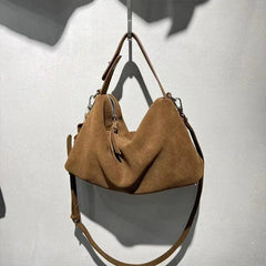 High-End Frosted Cowhide Winter Tote – Matte Coffee Suede Shoulder Bag