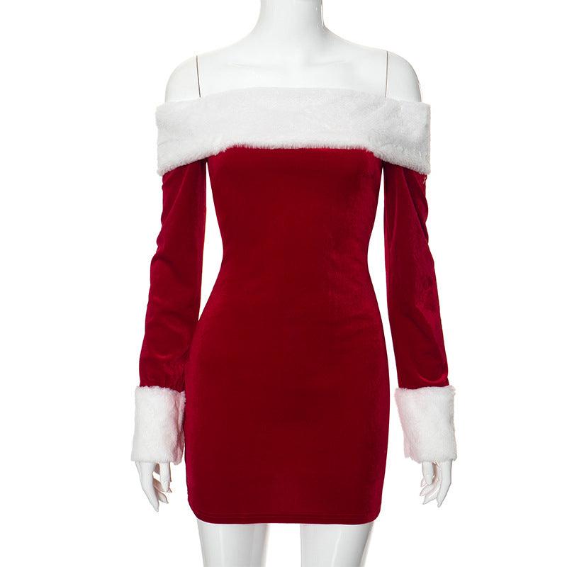 Winter Christmas Glam Faux Fur Off-Shoulder Mini Dress - Trendy Mix