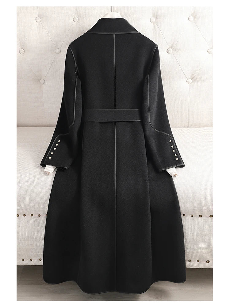 Long Double Sided Wool Coat Lapel Solid Color Belt Winter Coats Women Elegant Style High End Clothing