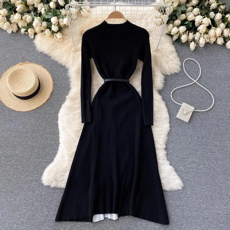 French Retro Autumn Winter Knitted Gradient Patchwork Long Sleeve Pleated Dress For Women O Neck Print Sweater Vestido With Belt