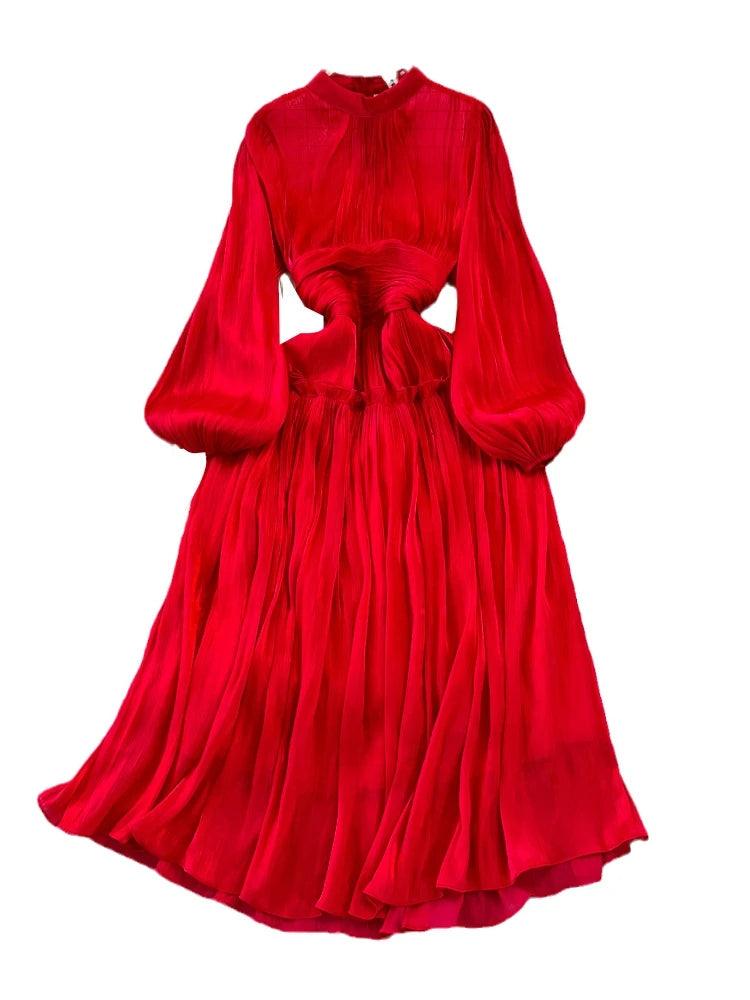 Women Holiday Style High Waist Pleated A-line Dresses Stand Collar Lantern Sleeve Vestidos Spring Summer 2024 - Trendy Mix