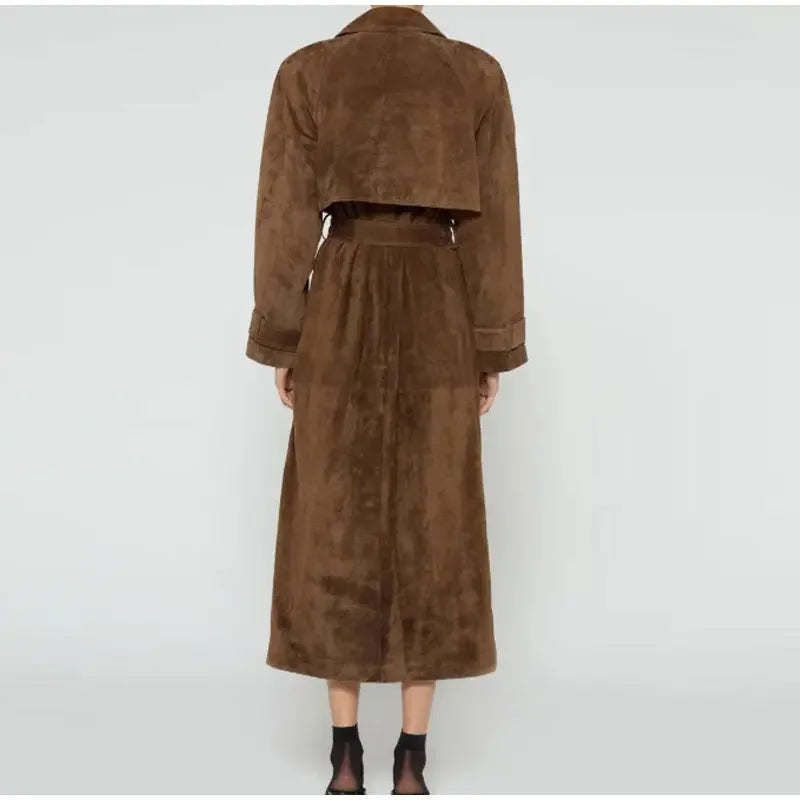 Women Khaki Faux Leather Long Coat With Belt Fashion Double-breasted Lapel Oversize Overcoat Autumn