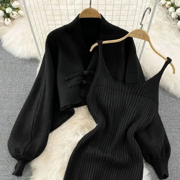 Solid Color Knitwear Set Lace up New Chinese Knitted Cardigan Women Sweater Coat Camisole Dress Two Piece Set Women Outfits