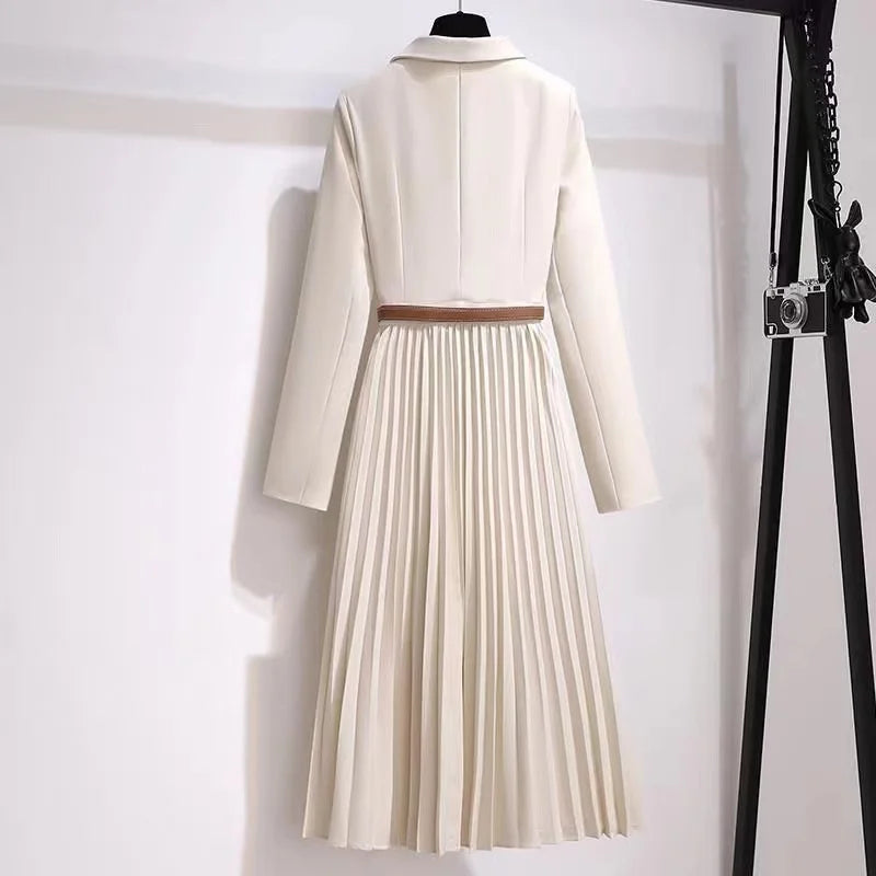 Fashion Woman Lapel Suit Fake Two-piece Dress +Belt High Quality Office Lady Long Vintage Pleated Vestidos 2024 Elegant Korean