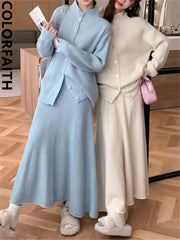 2024 Oversized Knitted Sets 2 Pieces Korean Fashion Cardigans With Long Skirts Spring Autumn Women Suits