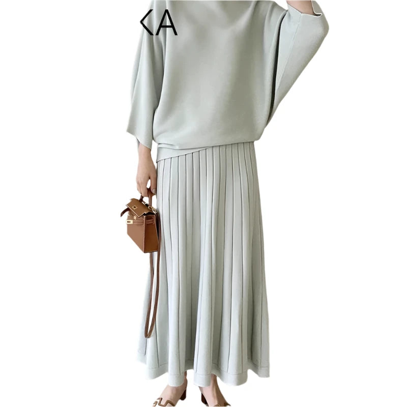 Korean Chic Elegant Casual Loose Knit Sets O Neck Batwing Sleeve Pullover Sweater +High Waist Pleated Skirt Women Suit 2024 Fall