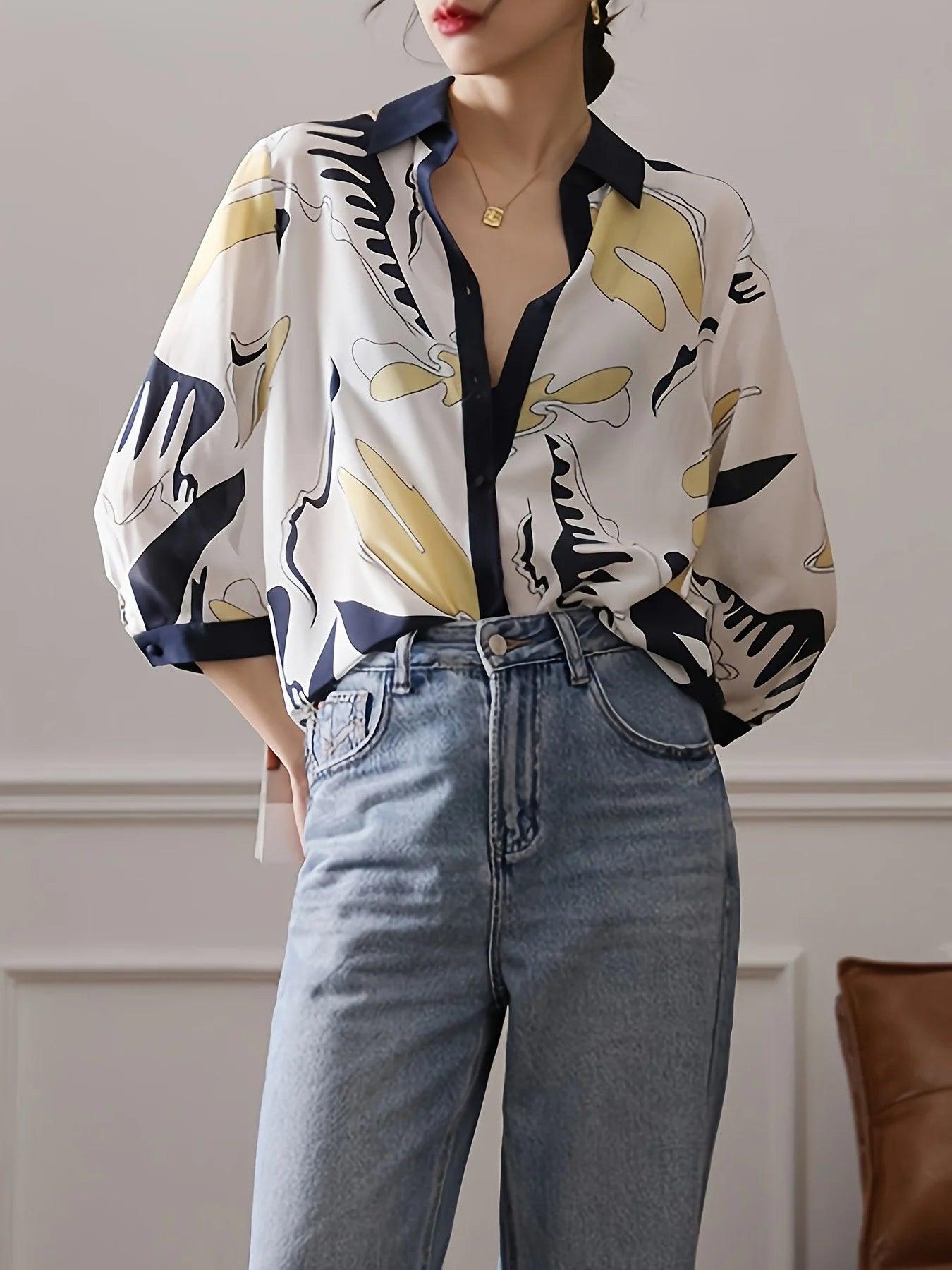 Chic Parisian Luxe Printed Chiffon Blouse - Casual Half Sleeve Top - Trendy Mix