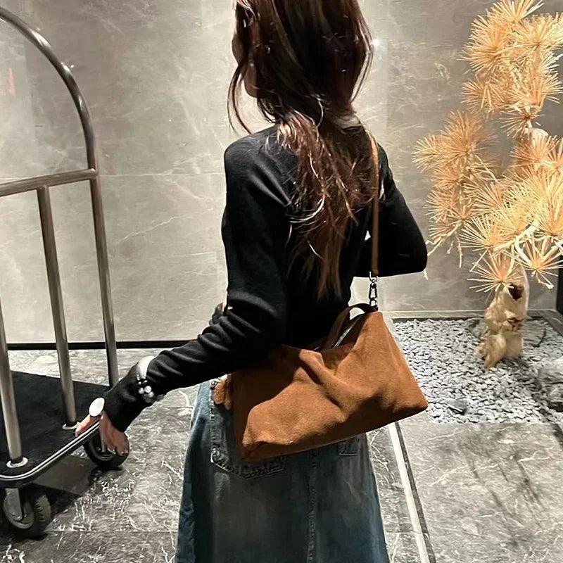 High-End Frosted Cowhide Winter Tote – Matte Coffee Suede Shoulder Bag