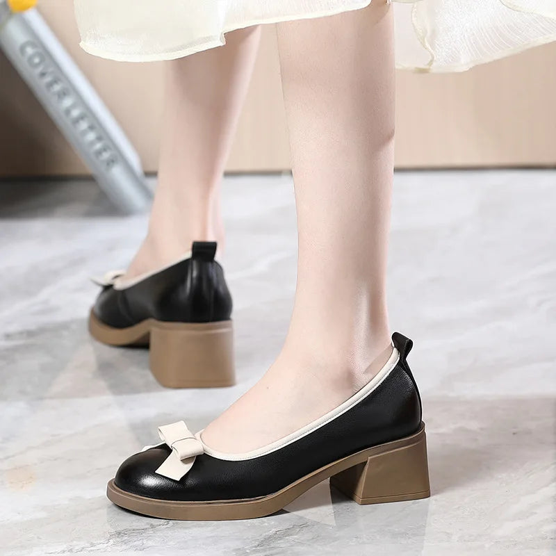 Mixed Colors Bow Genuine Leather Shoes Fashion Pumps Shoes Woman New 2024 Large Size Women Shoes High Heels