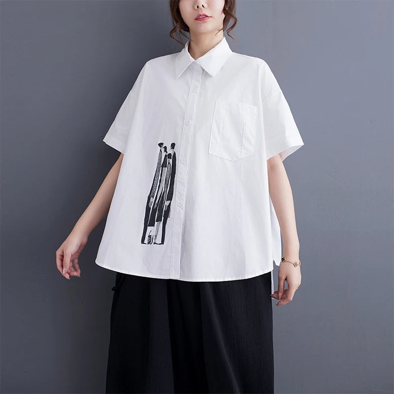 Print Fashion Loose Fit Short-Sleeve New Summer Woman Black Shirt Korean Style Girls Casual Wear Oversized Large Blouse