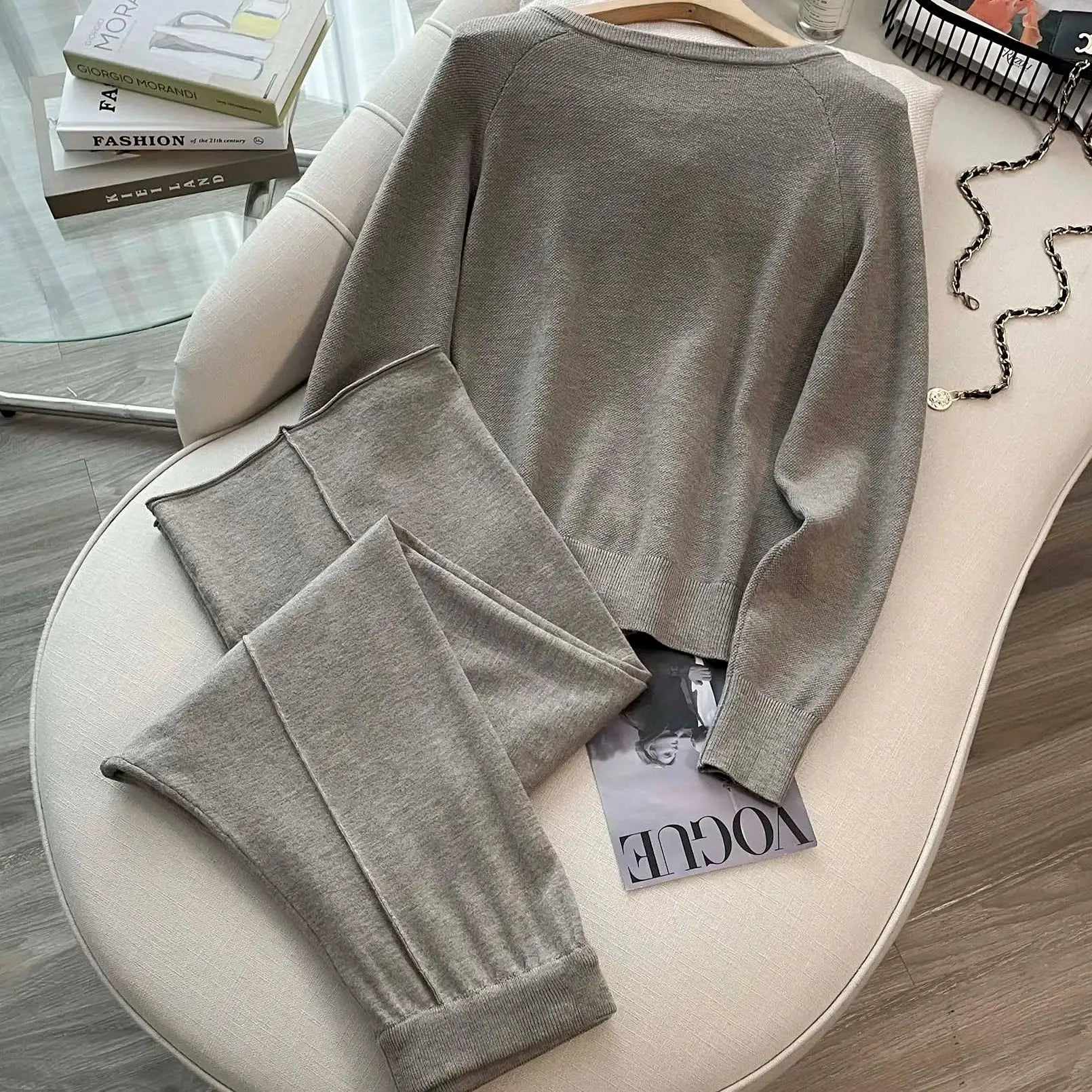 Women Knitted 2 Piece Suit Sweater cardigan Top And Pant Two Piece Set Matching Outfit  Stripe Elegant Chic Winter Clothing