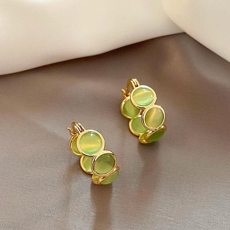 Design Sense White and Green Opals Round Hoop Earrings - Trendy Mix