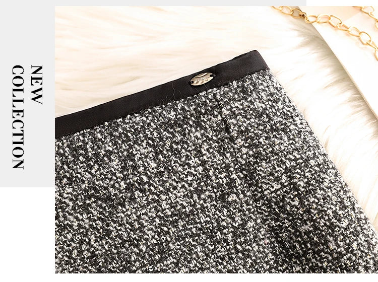 Autumn and Winter  new High Waist A-line Skirt Ladies Thickened Woolen Sequin Sexy Split Mid Skirt