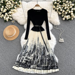 French Style Autumn Winter Inside Dress Fashion Belt Women's Waist Slim A-Line Ink Print Patchwork Knitted Pleated Skirt