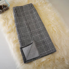 Autumn Blend Plaid A-line Long Skirts Belt Back Split Temperament Khaki Black Check Calf Long Winter Skirts