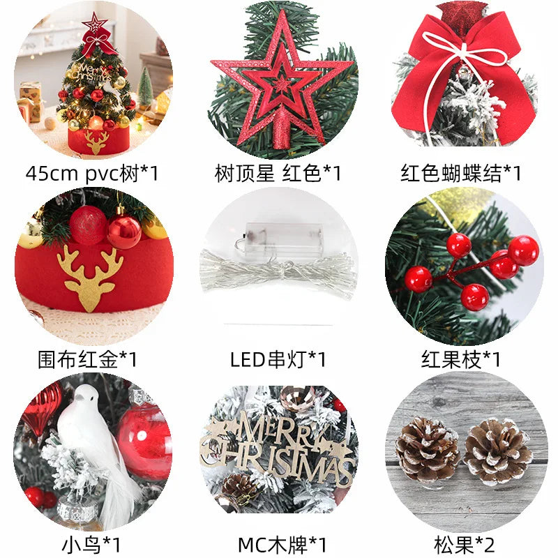 45/60cm Mini Christmas Tree With Lights DIY Desktop Golden Red Christmas Decorations 2024 New Year Home Party Windows Ornaments