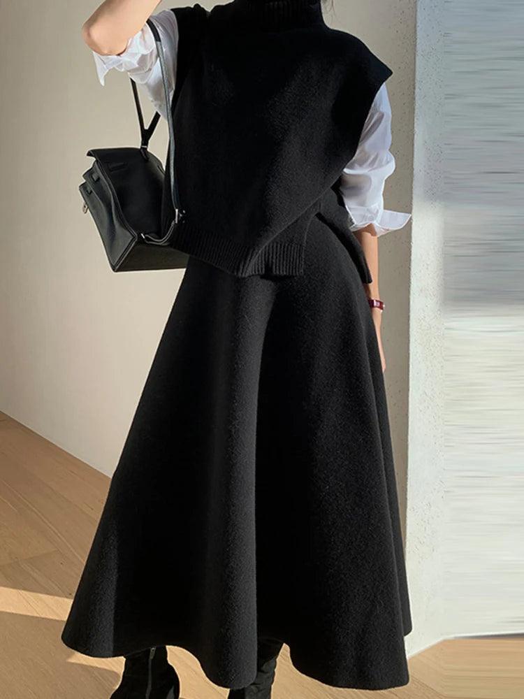 Temperament Turtleneck Irregular Split Vest Pullover Sweater High Waist Slim A-line Skirt Women 2024 Autumn Winter