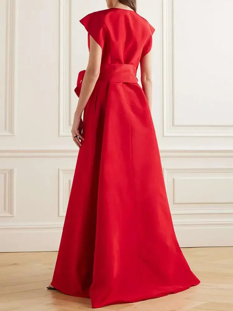 Women ‘s Party Evening Prom Red Dress Summer Round Neck Sleeveless Tied High Waisted Pleated Formal Maxi Dresses